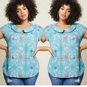 ModCloth Teal Floral Peter Pan Collar Blouse